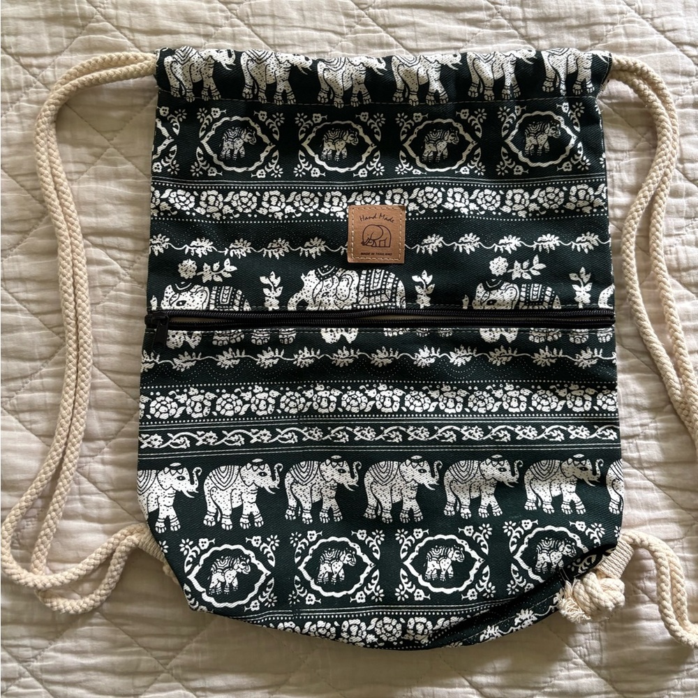 Thai Elephant Print Denim Drawstring Backpack